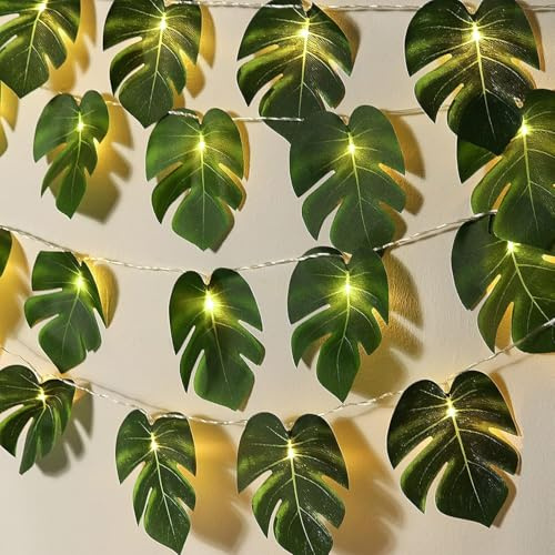 Foanlerck Fairy Lights Palm Leaves 1.5 m 10 LED Monstera Leaf Fairy Lights Battery Operated Tropical Artificial Rattan Palm Leaves for Room Beach Party Decoration
