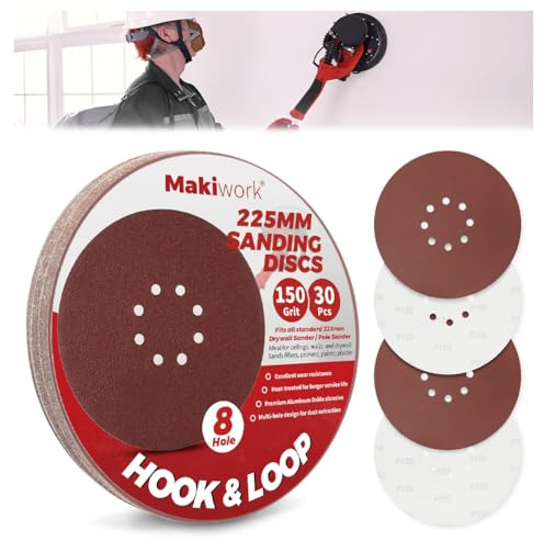 Makiwork 30 dischi abrasivi in , 225 mm, 8 fori, 150 grani, con ossido di alluminio a grana grossa, per levigatrice per cartongesso, rimozione del colore, lavorazione del legno e dei metalli