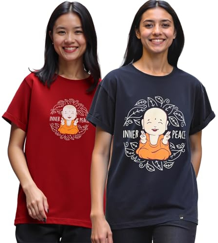 Bewakoof Boyfriend Fit dam-t-shirts av ren bomull, halvlånga ärmar, rund hals, 2-pack, Blazer röd och marinblå 1500850, L