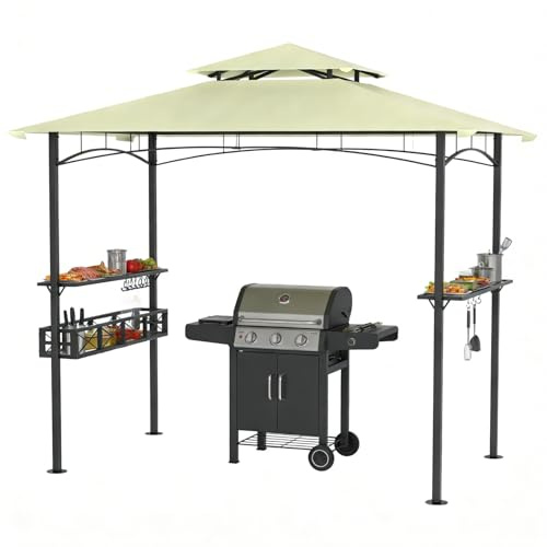 Ferzone Abri Barbecue Exterieur 245x153x250cm avec Double Toit, Tonnelle de BBQ Métal avec Tablettes de Service&Panier&Ouvre-Bouteille&Crochets, Pergola Gazebo pour Grill Jardin Fêtes Patio, Beige
