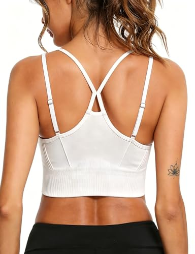 Litherday Sport-BH för dam medium stöd utan bygel andas med justerbara axelband korsad rygg för yoga fitness gym S-XXL, Vit, M