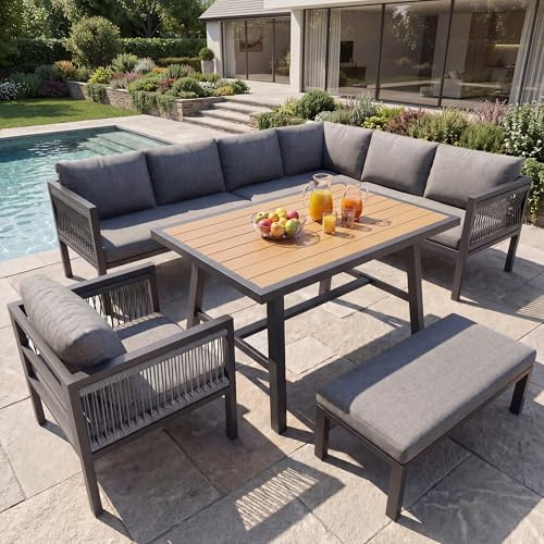 Huayz Garten Essgruppe 7-8 Personen,Gartenlounge-Set,Gartenmöbel Set,Seilwerk,großer Tisch mit Holzmaserung,mit verzinktem Eisengestell,verstellbare Beine,alle Sitz- und Rückenkissen inklusive (Grau)
