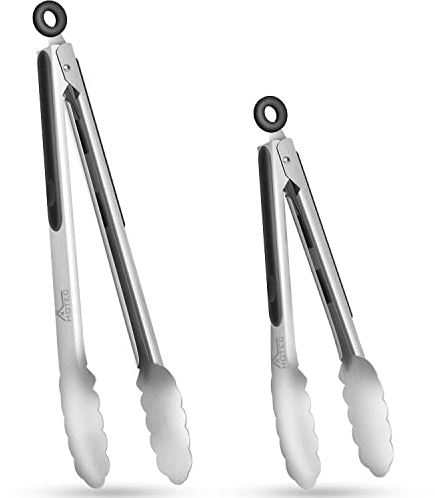 HOTEC Pinze da Cucina in Acciaio INOX,Pinze da Barbecue,Pinza Spaghetti Antiscivolo Manico in Silicone,Sistema di Bloccaggio Intelligente,Set da 2
