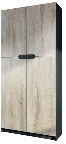 Vladon Büroschrank Logan V1, Made in Germany, Aktenschrank mit 5 Fächern und 4 Türen, Schwarz matt/Eiche sägerau (82 x 185 x 37 cm)