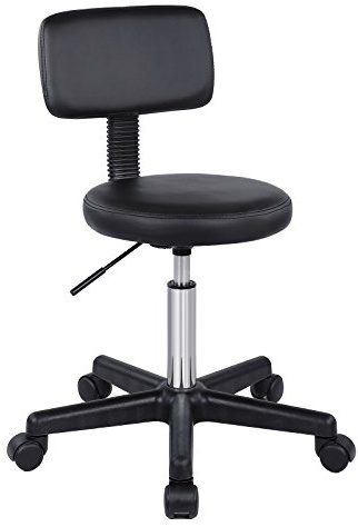 SONGMICS LJB82B - Sgabello da lavoro con ruote, in PU, con schienale regolabile in altezza continua, girevole a 360°, colore: Nero