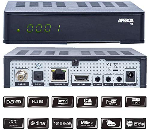 Apebox Récepteur satellite S2 Full HD 1080p H.265, IPTV, LAN, lecteur de cartes, compatible Tivu Sat, émetteur préinstallé (Astra+ Hotbird préinstallé)