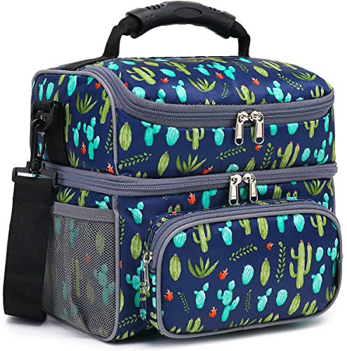 FlowFly Double Layer Cooler Insulated Lunch Bag Adult Lunch Box Large Tote Bag for Men, Women, With Adjustable Strap,Front Pocket and Dual Large Mesh Side Pockets, Cactus, L, Transitional