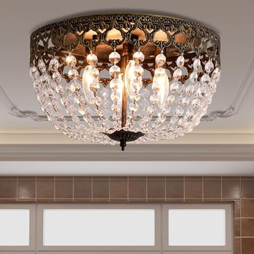 Maxax 15 Vintage Ceiling Light, 4-Lights Bronze Crystal Flush Mount Chandelier Light Fixture, Antique Ceiling Lamp for Bathroom Living Room Bedroom Dining Room Kitchen Hallway