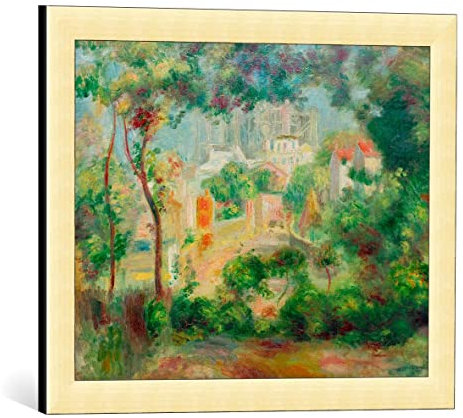 kunst für alle Bild mit Bilder-Rahmen: Pierre Auguste Renoir Die Gärten von Montmartre mit Blick auf Sacre-Coeur im Bau - dekorativer Kunstdruck, hochwertig gerahmt, 50x40 cm, Gold gebürstet