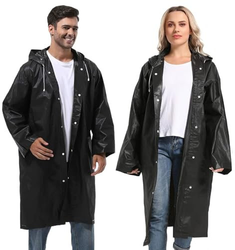 Vspek 2 Stück Regenjacken Eva Regenbekleidung Regenponcho Wiederverwendbar Regenmantel Kordelzug Kapuze Regencape mit Kapuze Tragbarer Wasserdicht Unisex für Wandern, Camping und Reise, Schwarz