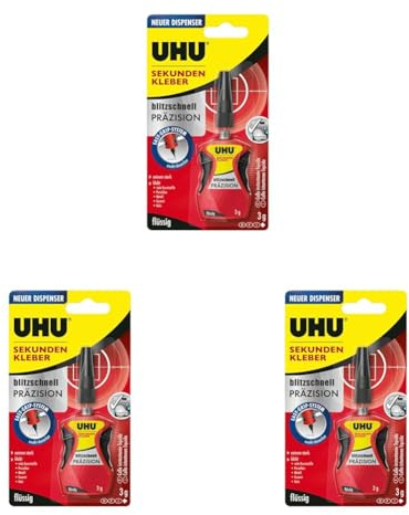 UHU Sekundenkleber blitzschnell Präzision, Sekundenkleber in einem Dosierspender mit Easy Grip System für besonders präzise Awendungen, 3 g (Packung mit 3)