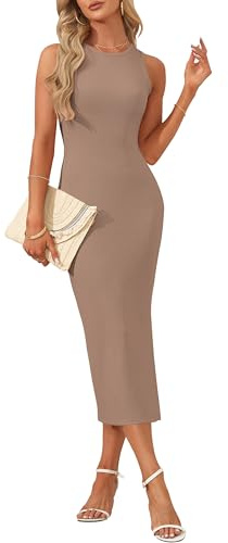 AUSELILY Womens Summer Bodycon Dresses 2025 Basic Casual Sleeveless Knit Tank Midi Dress, Coffee S