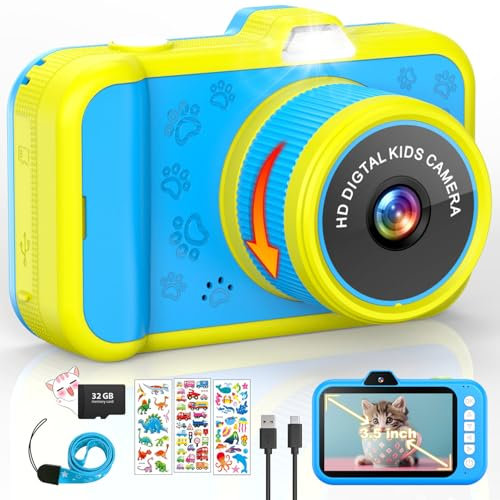 Kinderkamera, 3,5 Großes Display |360°Rotierendes Zoomobjektiv | Kinder Kamera mit Selfies | LED-Blitz | Digitalkamera Fotoapparat Kinders mit 32G Karte | Spielzeug Geschenke für Kinder 3-12 | Blau