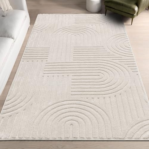 SHACOS Soft Fluffy Arch Pattern Area Rug 2'7x5' Non Slip Washable Minimalist Modern High-Low Geometric Carpet for Living Room Kitchen Bedroom Bathroom, Beige
