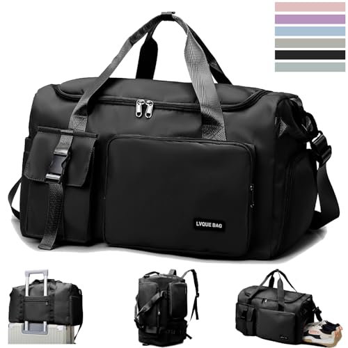 YOUYIKE Sporttasche Damen Herren, 42 L Wasserabweisende Sporttasche Groß Reisetasche Damen mit Schuhfach und Nassfach, Reisetasche Faltbar, Sporttaschen, für Reisen, Fitness, Sport (Schwarz)