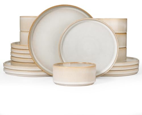 Richmount Star Set d'assiettes 18 pièces, Set de vaisselle 6 personnes, Set de vaisselle en faïence, Service de table anti-rayures, Micro-ondes & Lave-vaisselle, Cappuccino Blanc