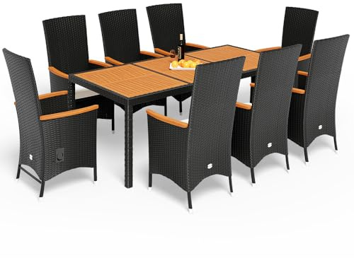 Casaria® Gartenmöbel Set 8 Stühle inkl. 7cm Auflagen mit Tisch 2X Verstellbare Lehne Outdoor Terrassenmöbel Polyrattan Wetterfest Holz Akazie Essgruppe Garten Balkon Lounge