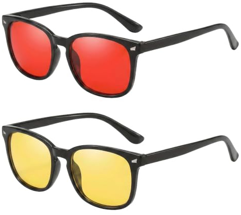 GRUMAU®️ Pack de 2 Gafas: Rojas Bloqueo Luz Azul y Amarillas – Filtro Luz Azul para Uso Diario y Nocturno, Diseño Elegante Hombre y Mujer, Incluye Paño de Limpieza (Negro)