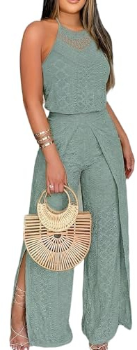 Vagbalena Mode estivale femme : Combinaison taille haute à jambes larges, avec haut à fines bretelles et dentelle — Combinaison de soirée décontractée à fente latérale (Vert,M)