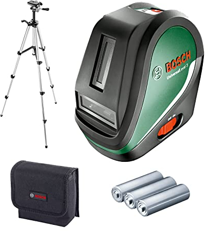 Bosch Kreuzlinienlaser UniversalLevel 3 mit Stativ (3 Laserlinien inkl. vertikaler Linie im 90°-Winkel für ein zusätzlichem Laserkreuz an der Decke und Lotpunkt unten für präzise Ausrichtungen)