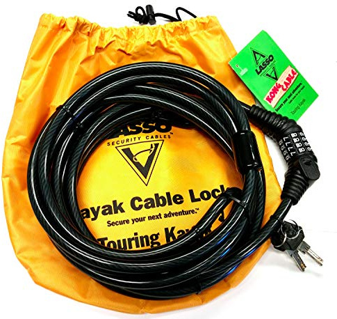 Lasso Security Cables Kong Kayak Lock - Key and Combination Lock for Touring Kayaks - 1/2 Vinyl Coated Galvanized Steel Cable - Overall Length 16 feet - Loop Size 47 inches
