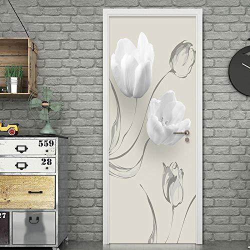 Papel Pintado de Puertas 3D Autoadhesivo Impermeable Vinilos Puertas Pegatinas Para Decorativos Para la Puertas interior del Dormitorio Murales,flor blanca 77 X 200 CM