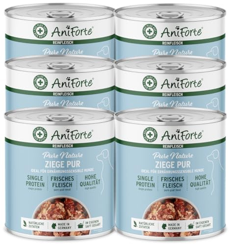 AniForte Barf Hundefutter Nass Ziege Pur 6 x 800g – Fleisch Pur, Barffleisch für Hunde, Barffutter, Nassfutter getreidefrei & ohne Zusätze, Wet Dog Food Dosenfutter