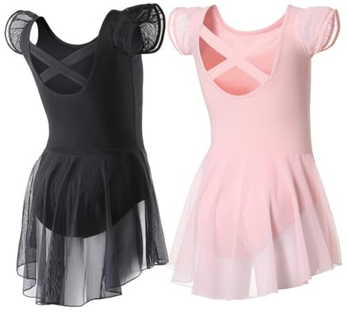 DIPUG Ballet Leotards for Girls Ballet Leotard with Skirt Toddler Dance Leotards Flutter Sleeve and Criss-Cross Back Black Pink Size 4-6
