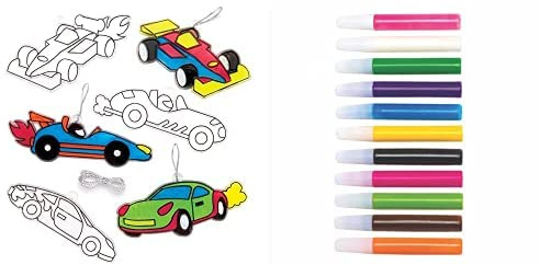 Baker Ross Racing Car Suncatchers (Pack of 8)(AW572) and Suncatcher Paint Pens Bumper Pack (Pack of 12)(AT943)