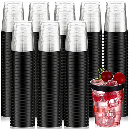 Tanlade 200 Pcs 10oz Plastic Cups Clear Plastic Tumblers Rimmed Plastic Cups Fancy Disposable Cups Elegant Party Cups for Wedding, Thanksgiving Day, Christmas, Drinking (Black Rim)