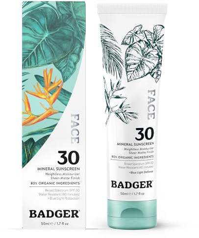 Badger Zinc Oxide Face Sunscreen SPF 30, Lightweight Mineral Sunscreen for Face, Matte Finish, No White Cast, Vegan, Water Resistant, Unscented, Mineral Sunblock Face Lotion, 1.7 fl oz