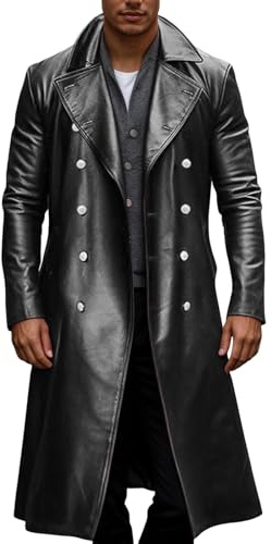 Caxndycing Abrigo de cuero para hombre, estilo medieval, negro, gabardina, otoño, invierno, moda, ajustado, abrigo largo, chaqueta gótica, tiempo libre, vintage, cosplay, talla grande, Negro , S