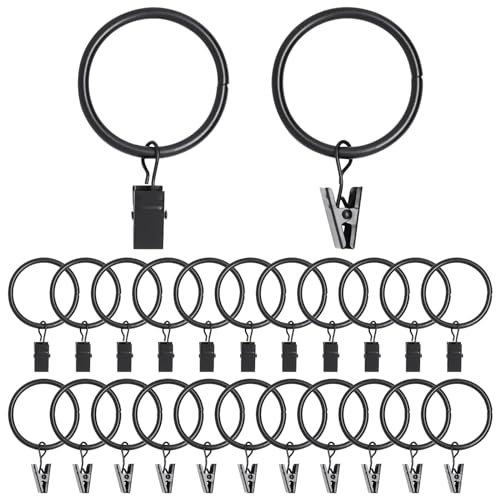 YuGtcen Vorhangringe mit Clips, 3,8 cm Innendurchmesser, schwarze Vorhangringe, Gardinenhaken, Clip-Ringe für Vorhänge, Aufhänge-Clips für Vorhänge, Schleifen, passend für Gardinenstangen bis zu 3,8