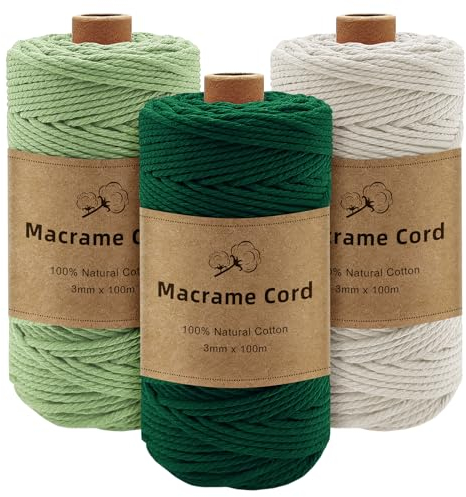 Gemtte Makramee Garn 3mm x100m, 3 Rollen Macrame Cord Geflochten Set Grün, 3mm Bunte Makrameegarn für Wandbehang Dekoration, Natur Baumwoll Bastelschnur zum Basteln Stricken Boho Deko
