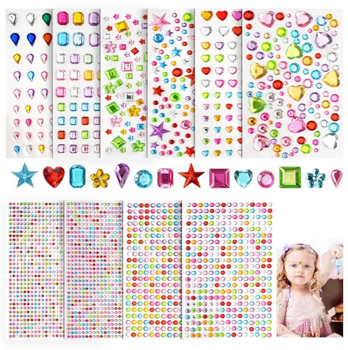 3500 Stück Glitzersteine Selbstklebend, Bunt Acryl Strasssteine zum Basteln | Glitzersteine Gesicht, Verschiedene Formen Glitzer Sticker, Schmucksteine Aufkleber für Fotorahmen, DIY Bastelsachen, Nägel