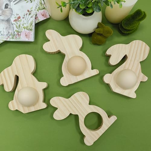 BOYATONG Eierbecher Holz, Serviettenringe Ostern Holz 4er Set, Eierbecher Lustig Hase für Brunch und Frühstück, Witzige Ostern Dekoration