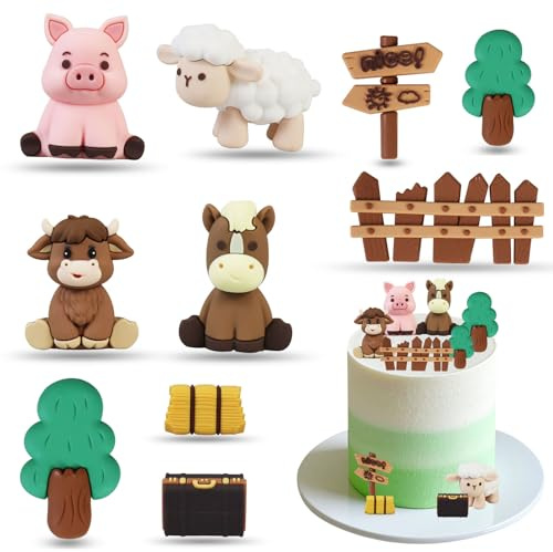 10Pcs Farm Animal Cake Decoration Set 3D Cake Toppers for Birthday | Includes 3D farm animal toppers with pig, sheep, horses, yak, fence and trees for birthday cake decorations