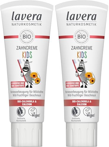 lavera Zahncreme Kids FLUORIDFREI - ohne Farbstoffe - schützt Milchzähne - mild-fruchtig - Bio Calendula & Calcium - Vegan - 75 ml (Packung mit 2)