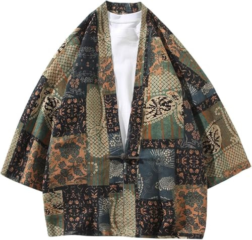 Fasheepfa Cárdigan tipo kimono unisex para hombre y mujer, estilo vintage, teñido anudado, mangas 3/4, chaqueta de verano japonesa Happi Haori con estampado, camisa suelta, chaqueta tradicional