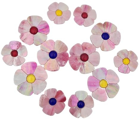 Anktily Buntglas-Mosaikfliesen-Set, 12 Blumen mit Blütenblättern und flachen Perlen für Bastelarbeiten, Heimdekoration und Gartenkunst (schillerndes Rosa)