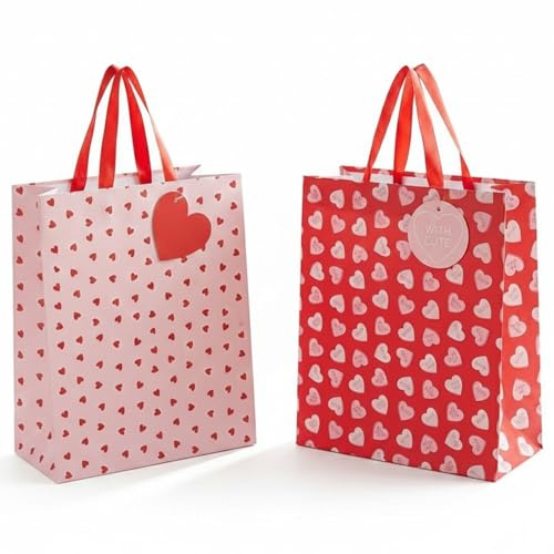 AKH® Valentine’s Day Medium Gift Bags with Ribbon Handles & Tag | Pack of 2 | Red & Pink Present Bag for Anniversary, Wedding & Birthday Gifts, Romantic Love Heart Pattern Paper Wrap | 26x22x10.3 CM