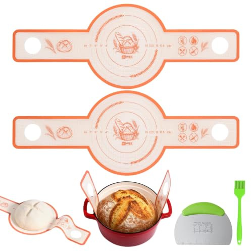 Inwee Brödlyft 2 st., Silikon Bakmatta för Dutch Oven, Återanvändbar Non-Stick med Långa Handtag, Surdegsbröd, Degskrapa & Bakpensel, BPA-fri (Rund)