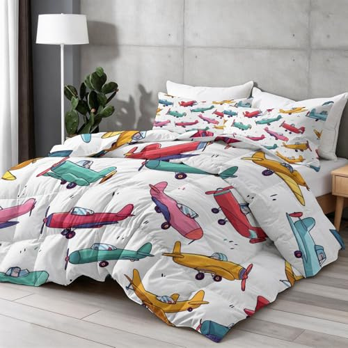 Tecknat täcke utan överdrag 155 × 220 cm – Fordon flygplan virvelmönster året runt täcke med 2 örngott 80 x 80, förstärkta sömmar vändbart täcke tvättbar, fyra säsonger sovtäcke, färgglad