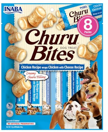 INABA Churu Bites echtem Fleisch, Hundeleckerli ohne Getreide, ohne Zucker, Keine Nebenerzeugnisse, Weiche Leckerlis für kleine Hunde und Seniorhunde in kleinen Häppchen, Huhn & Käse 96 g (1er Pack)