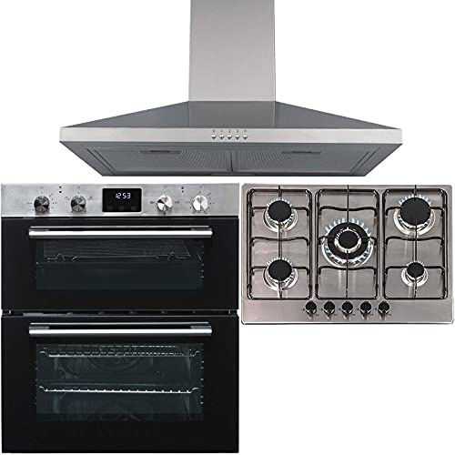 SIA 60cm DO111SS Stainless Steel Double Electric Oven, 70cm SSG02SS 5 Burner Gas Hob With Enamel Pan Stands & 70cm CHL70SS Chimney Cooker Hood