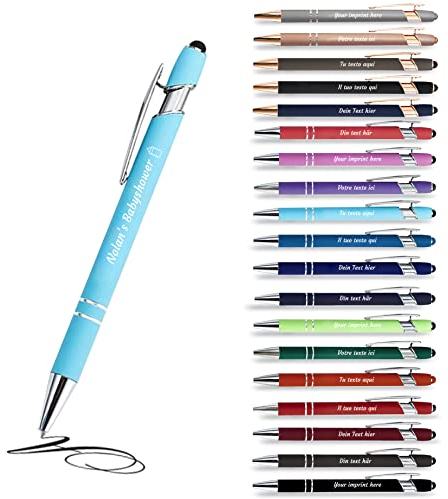 Jolis Papiers - x12 - Stift personalisiert 2 in 1 - Personalisierter Kugelschreiber mit Gravur I Chrom-Metall I Soft Touch Feeling I schwarz schreiben I integrierter Stylus