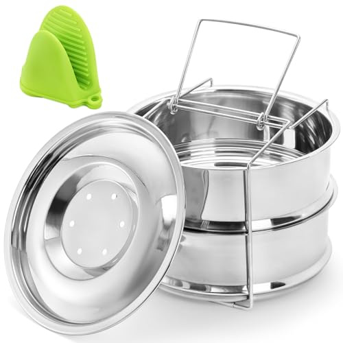 WUWEOT Stackable Steamer Insert Pans, 7.8 Inches Stainless Steel Pot-in-Pot Baking Pan, 2 Tier Pressure Cooker Accessories with Sling Handle and Silicone Gloves for Instant Pot