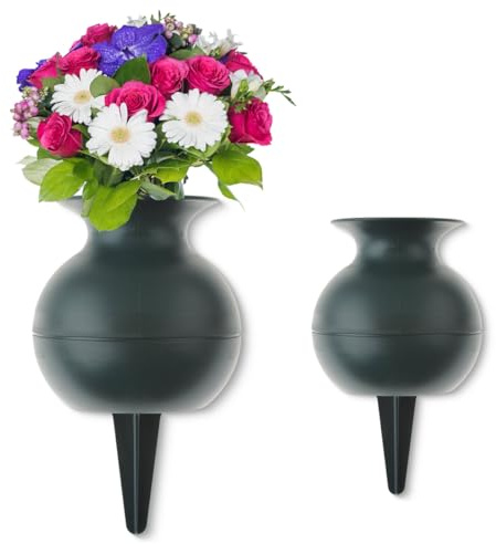Lot de 2 vases funéraires à planter comme décoration funéraire résistante au gel - En forme de boule verte - 2 en 22, 27 cm - En plastique résistant aux intempéries - Vase à fleurs à planter comme