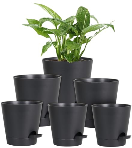 Homeuouz 6 Packs Blumentopf Selbstbewässernd, 20.3/17.8/16.5/15.2/14/12.7cm Pflanzentopf mit Bewässerungssystem, Übertopf mit Untersetzer, Blumentöpfe Set Ideal für Innen und Balkongärten, Pure Black