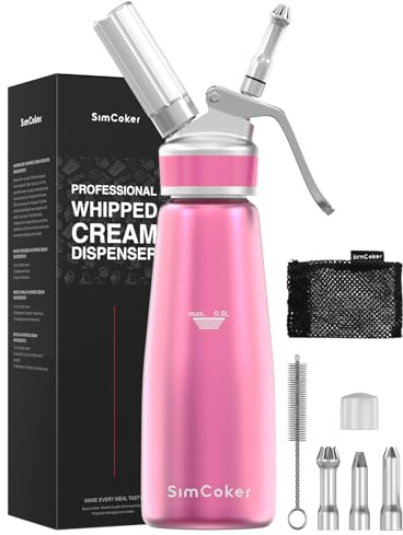 SimCoker Whipped Cream Dispenser,Aluminum Cream Whipper 500mL/1 Pint,3 Decorating Nozzles,1 Brush, 1 Storage Bag,Homemade Whipped Cream Maker,Pink